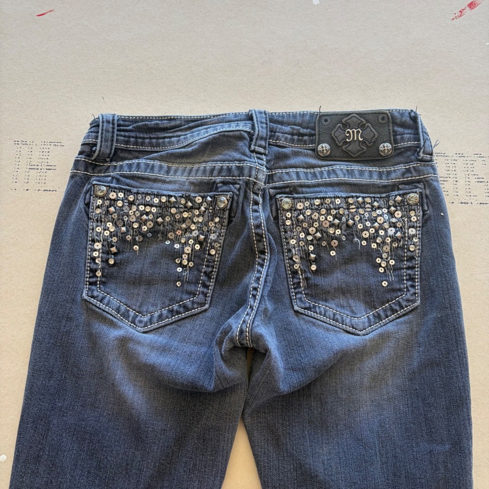 Y2K Miss Me Skinny Jeans Dark Wash Studded Sequin